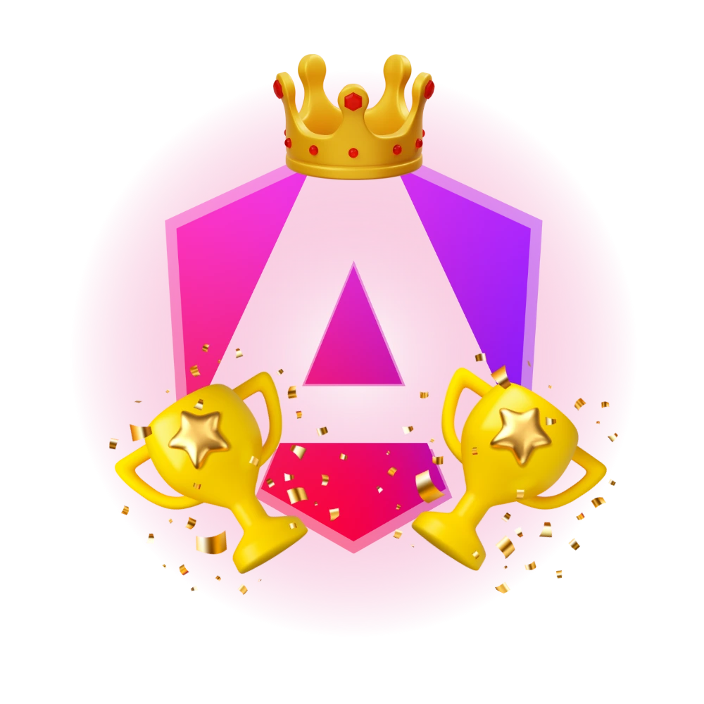 Logo do framework Angular com alguns troféus e uma coroa